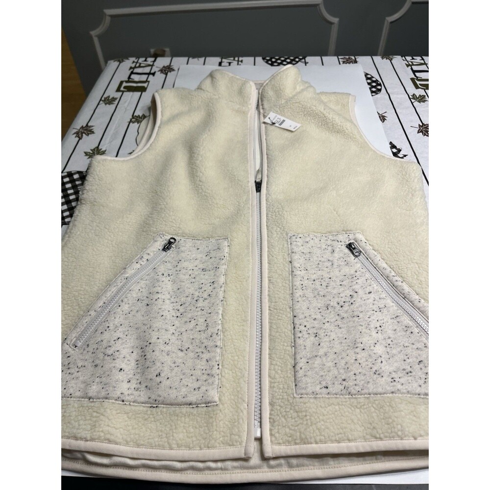T By Talbots Ivory Faux Sherpa Full Zip Fleece Vest Knit Pockets M - MSRP $89